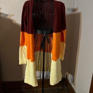 Block color cardigan. Burgundy/ orange/ cream